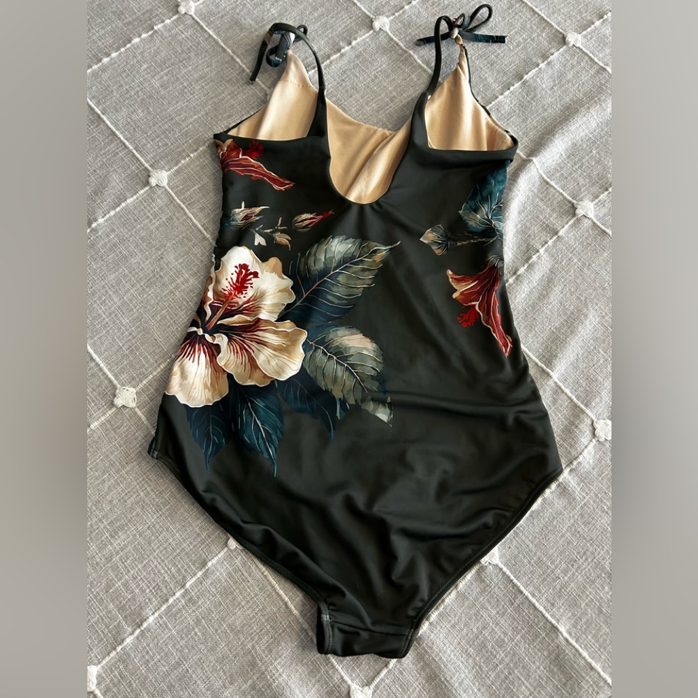 Albion Olive Green One-Piece Swimsuit with Floral Trim - Picture 2 of 4